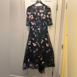 Teri Jon Black Midi Dress with Multicolor Floral Embroidery